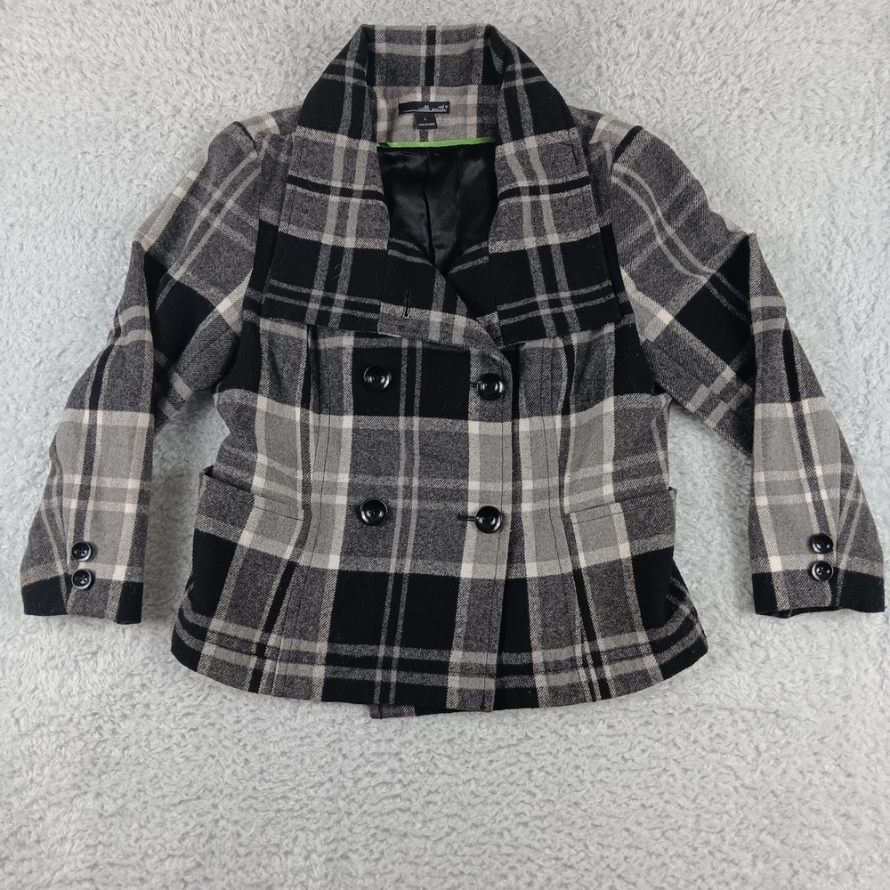 Willi Smith Womens Plaid Wool Blend Double Breasted Pea Coat Jacket Grey Black L